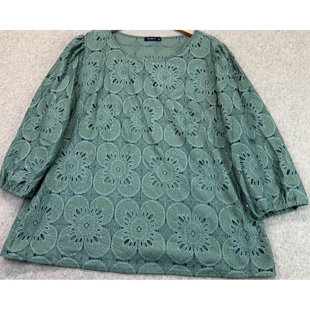 Sampeel Womens Blouse Top Green Floral Eyelet Lace 3/4 Sleeve Summer Boho XL